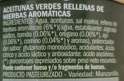Lista de ingredientes del producto Aceitunas verdes rellenas de hierbas aromáticas Excelencia 130 g