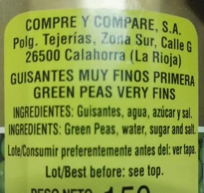 Liste des ingrédients du produit Guisantes conserva Conservas Martínez 150 g (neto), 95 g (escurrido), 170 ml
