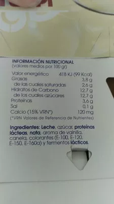 Lista de ingredientes del producto Yogur sabor vainilla Larsa 