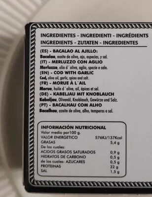 List of product ingredients Bacalao al ajillo PESASUR 120