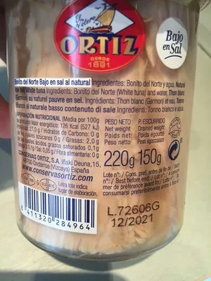 List of product ingredients Thon Blanc Germon Naturel Ortiz 