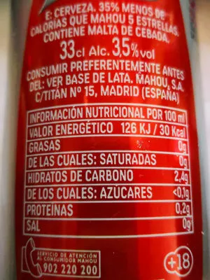 List of product ingredients Cerveza Mahou premium Light Mahou 33 cl.