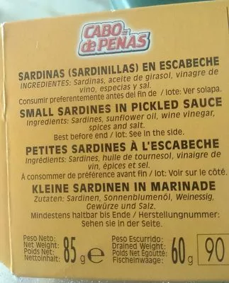 Lista de ingredientes del producto Sardinas en escabeche cabo de peñas 