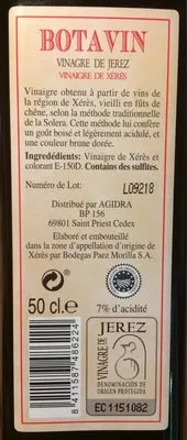 List of product ingredients Vinaigre de Xérès Botavin 50cl