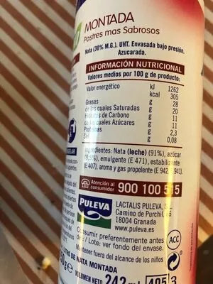 List of product ingredients Nata montada Puleva 