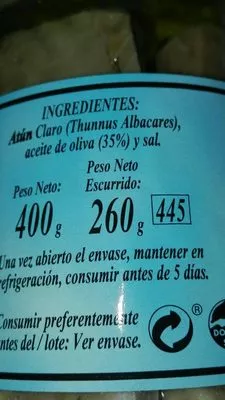 Lista de ingredientes del producto Atun claro en aceite de oliva Celorrio 