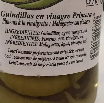 List of product ingredients Guindilla En Vinagre Frasco 370GR Celorrio 