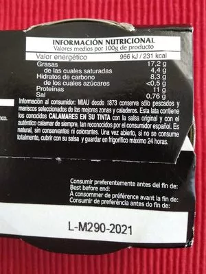 List of product ingredients Calamares En Su Tinta  