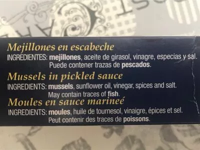 Lista de ingredientes del producto Mejillones en escabeche Orbe 