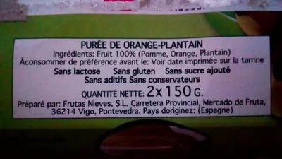 Liste des ingrédients du produit Compote Orange Banane Plantain Pomme Frutas Nieves 300 g (2 * 150 g)