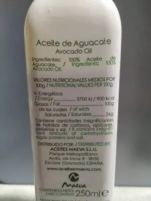 Liste des ingrédients du produit Aceite de aguacate Maeva 250 ml