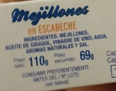 Lista de ingredientes del producto Mejillones en escabeche Nacho 110 g