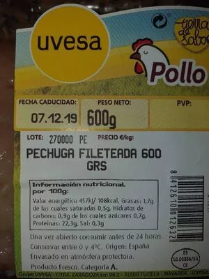 Lista de ingredientes del producto Pechuga Pollo Fileteada (Uvesa) Uvesa 