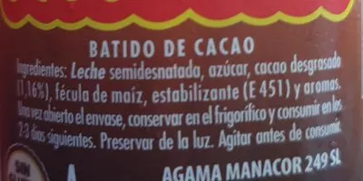 Liste des ingrédients du produit Batido de cacao Agama 0,20L