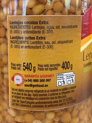 Liste des ingrédients du produit Lentejas cocidas Gourmet 