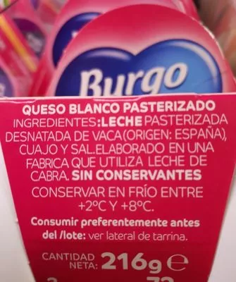 Lista de ingredientes del producto Queso fresco original 0% Burgo de Arias, Arias, Savencia 216g