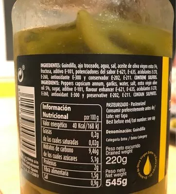 List of product ingredients Piparra dulce en aceite de oliva  
