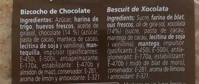 Lista de ingredientes del producto Bizcocho de chocolate bonÀrea 