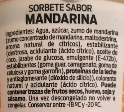 List of product ingredients Sorbete de mandarina BonArea 