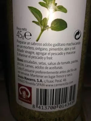 Lista de ingredientes del producto Carmencita Orégano Carmencita 