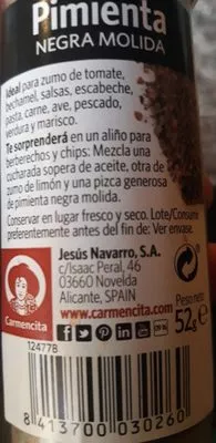 Liste des ingrédients du produit Pimienta Negra Molida Carmencita 