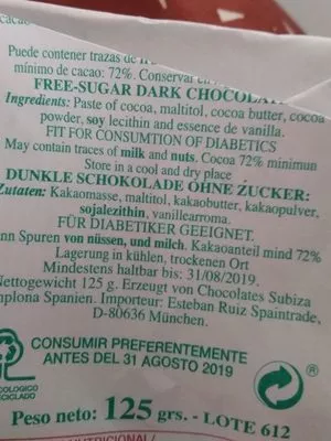 List of product ingredients Chocolate sin azucar Roncesvalles 