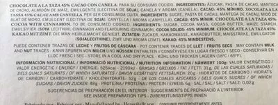 Lista de ingredientes del producto Xocolata a la piedra 45% cacau i canyella Simon Coll 
