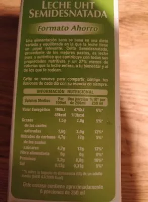 Liste des ingrédients du produit Leche UHT semidesnatada Celta 1,5L