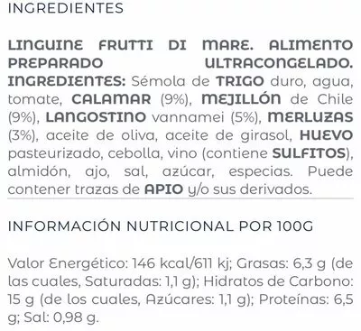 Lista de ingredientes del producto Listisimos linguine frutti di mare La Sirena 