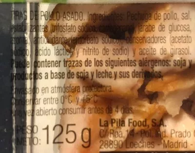 Lista de ingredientes del producto Tiras de pollo asado La Broche 125 g