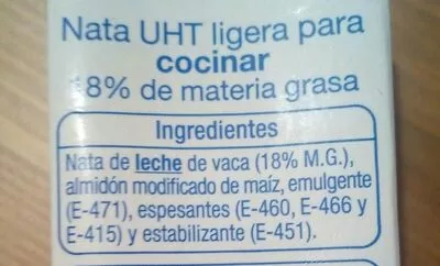 Lista de ingredientes del producto Nata UHT ligera para cocinar Auchan 