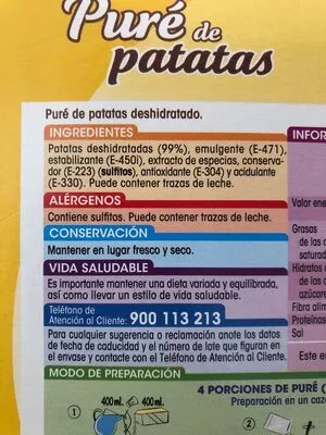 Lista de ingredientes del producto Pure de patatas Alipende 500 g