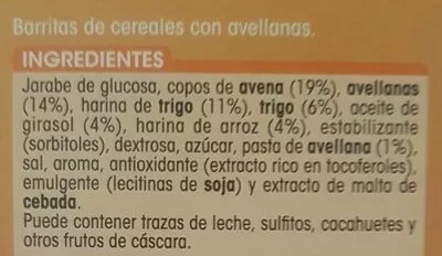 Lista de ingredientes del producto Barritas de cereales con avellanas Alipende 