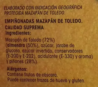 Liste des ingrédients du produit Empiñonadas Mazapán de Toledo Alipende 200 g