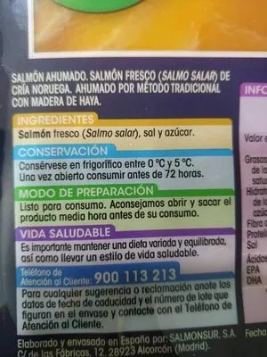 Liste des ingrédients du produit Salmón ahumado con madera de Haya Alipende 100 g