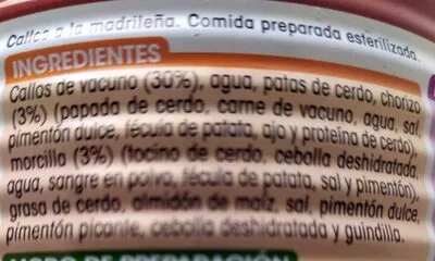 List of product ingredients Callos a la madrileña alteza 