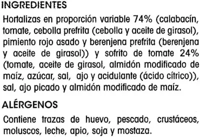 List of product ingredients Pisto de hortalizas Alipende 240 g