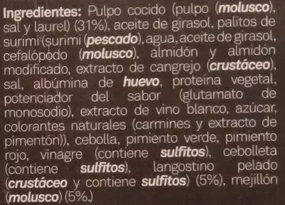 Liste des ingrédients du produit Salpicón de marisco Angulas Aguinaga 250 g