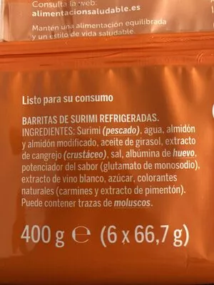 Lista de ingredientes del producto Barritas de surimi Krissia 400 gr
