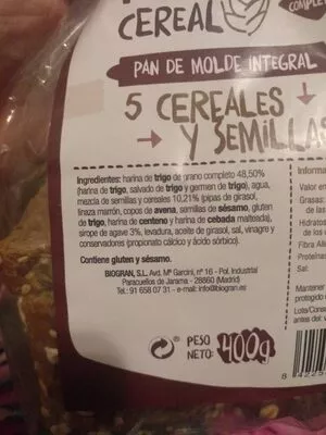 List of product ingredients Pan de molde integral 5 cereales y semillas Taho Cereal 