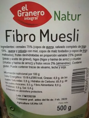 Lista de ingredientes del producto Fibromuesli el Granero integral 500 g