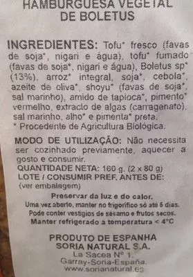 Lista de ingredientes del producto Steak végétal champignons Soria Natural, Soria Natural S.A. 160 g (2 x 80 g)
