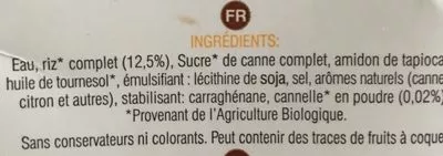 Liste des ingrédients du produit Bebida de arroz integral con canela al limón Soria Natural 1 l