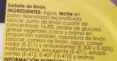 Lista de ingredientes del producto Sorbete de limon Unide 