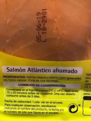 Liste des ingrédients du produit Salmón Atlántico ahumado Auchan 80 g