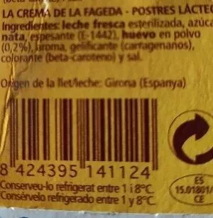Lista de ingredientes del producto Crema de vainilla La Fageda 