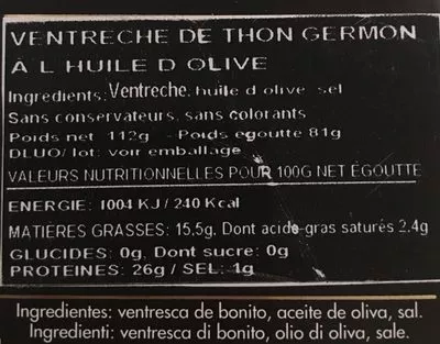 List of product ingredients Ventresca de bonito del norte en aceite de olivia  