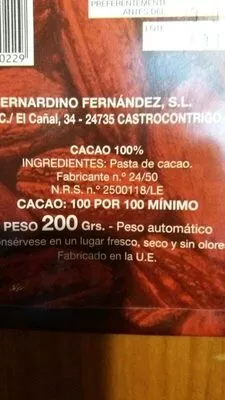 Lista de ingredientes del producto Chocolate Santocildes  
