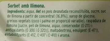 List of product ingredients Sorbet amb llimona Condis 500 g