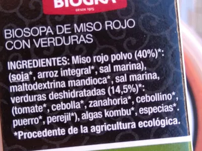 Liste des ingrédients du produit Biosopa de Miso Rojo con Verduras biográ 40g